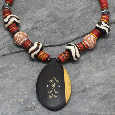 Ebony and ceramic pendant necklace, 'All Things New' - Ebony and ceramic pendant necklace