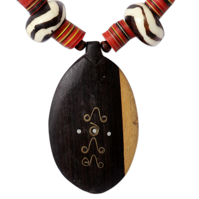 Ebony and ceramic pendant necklace, 'All Things New' - Ebony and ceramic pendant necklace