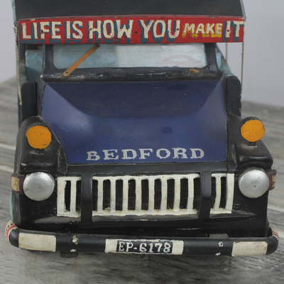 Wood sculpture, 'Life Is How You Make It' - Hand Painted Decorative Onyina Wood Bamboo Car from Ghana