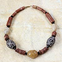 Terracotta and bauxite beaded necklace, 'Hie Hor Mor' - Terracotta and bauxite beaded necklace