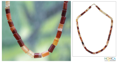 Agate long beaded necklace, 'Accra Warmth' - Agate long beaded necklace