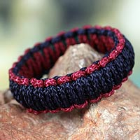 Bangle bracelet, 'Queen Amina in Navy and Wine' - Braided Cord Bangle Bracelet