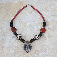 Agate and wood pendant necklace, 'African Wisdom' - Agate and Wood Beaded Pendant Necklace