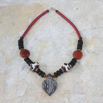 Agate and wood pendant necklace, 'African Wisdom' - Agate and Wood Beaded Pendant Necklace