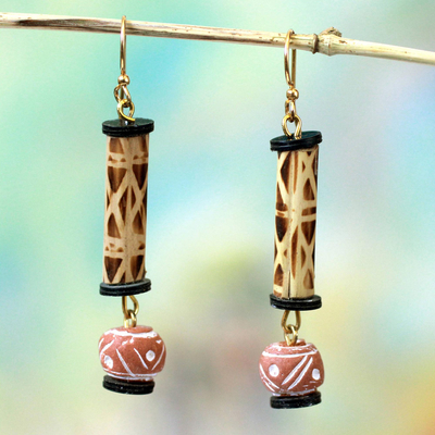Bamboo and terracotta dangle earrings, 'Adwenepa' - Handmade Ceramic and Bamboo Dangle Earrings