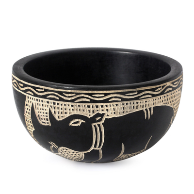 Wood decorative bowl, 'African Animals' - Sese Wood Decorative Bowl