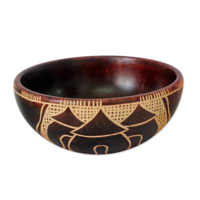 Wood decorative bowl, 'Village of Happiness' - Wood decorative bowl