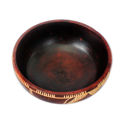 Wood decorative bowl, 'Village of Happiness' - Wood decorative bowl