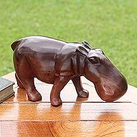 Ebony wood sculpture, 'Sacred Hippo' - Artisan Crafted Wood Sculpture