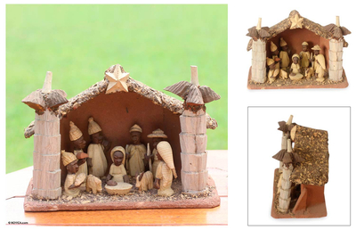 Wood nativity scene, 'African Palm House' - Wood Nativity Scene