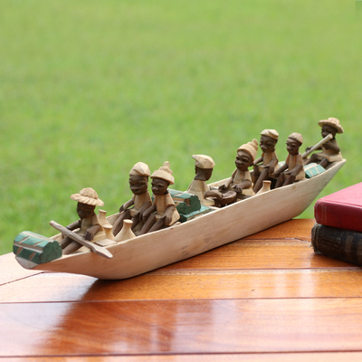 Wood sculpture, 'Boat of Eight' - African Wood Sculpture