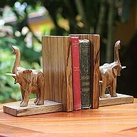 Wood bookends, 'Good Luck Elephant' (pair) - Handcrafted Wooden Elephant Bookends from West Africa