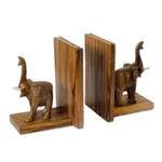 Wood bookends, 'Good Luck Elephant' (pair) - Hand Carved Wood Bookends from Africa (Pair)