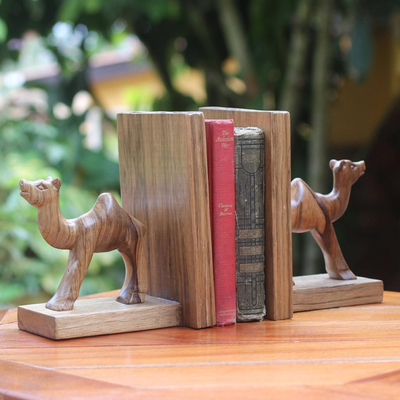 Wood bookends, 'Happy Camels' (pair) - Hand Carved Wood Bookends (Pair)