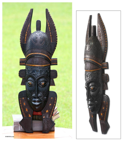 African wood mask, 'Malian Lady' - Fair Trade Wood Mask