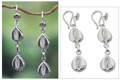 Sterling silver earrings, 'Double Abundant Cowrie' - Unique African Sterling Silver Dangle Earrings