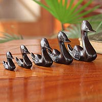 Ebony sculptures, 'Duck Family' (set of 5) - Artisan Crafted Wood Sculpture (Set of 5)