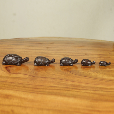 Ebony sculptures, 'Tortoise Family' (set of 5) - Hand Carved Ebony Wood Turtle Sculptures (Set of 5)