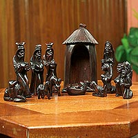 Teak wood nativity scene, 'Gifts from the Ghanaian Magi' (14 piece)