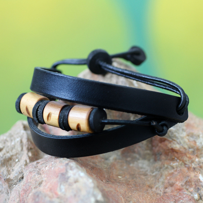 Men's leather wristband bracelet, 'Double Up in Black' - Men's Leather and Bamboo Wristband Bracelet