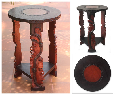 Wood accent table, 'Ancestral Faces' - Handcrafted Wood End Table