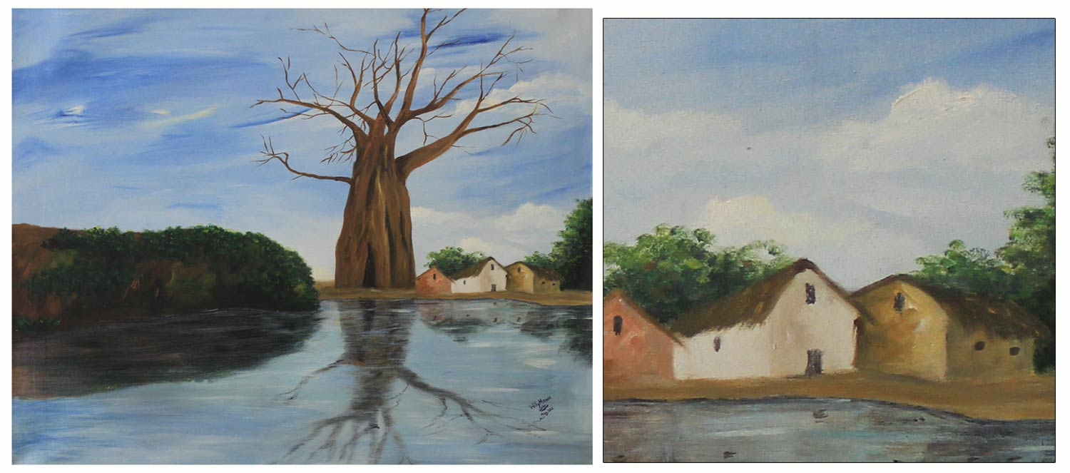 Original African Acrylic Painting Withered Tree Beside Water Novica