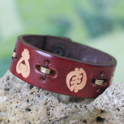 Men's Artisan Crafted Leather Wristband Bracelet - Mahogany Adinkra ...