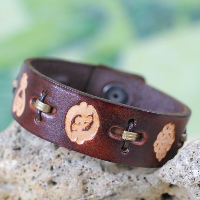 Men's leather wristband bracelet, 'Brown Adinkra Celebration' - Men's African Leather Wristband Bracelet