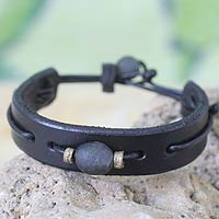 Men's leather wristband bracelet, 'Black Standout'