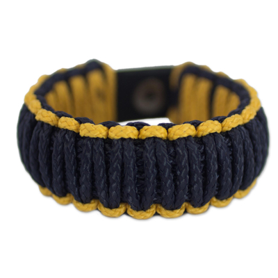Men's wristband bracelet, 'Amina in Gold and Navy' - Men's Wristband Bracelet