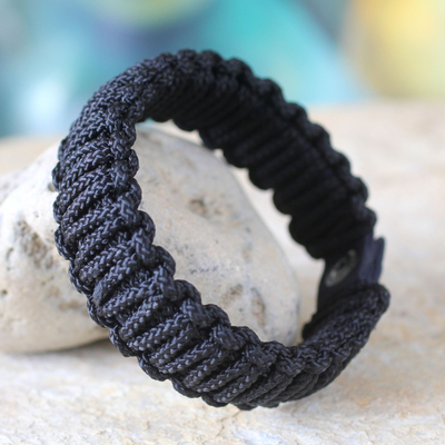 Men's wristband bracelet, 'Amina in Black' - Handmade Men's Wristband Bracelet