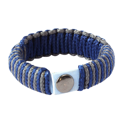 Men's wristband bracelet, 'Blue and Gray Hausa' - Men's wristband bracelet