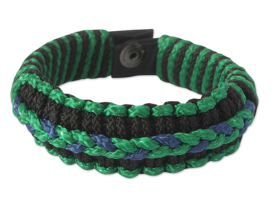 Men's wristband bracelet, 'Blue and Green Hausa' - Men's wristband bracelet