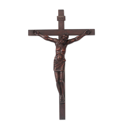 Mahogany wall sculpture, 'Christ on the Cross' - Mahogany wall sculpture