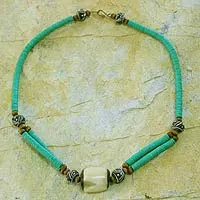 Bone beaded necklace, 'Green Laafi'