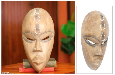 Wood African Mask, 'Ga Strength' - Hand Carved African Mask with Beads