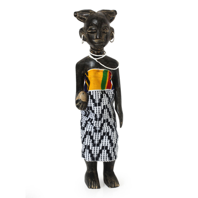 African Wood Sculpture Dressed in Beads and Kente