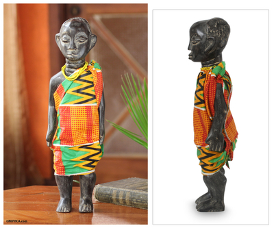 Wood sculpture, 'Ga Chief' - African Wood Sculpture with Cotton Kente