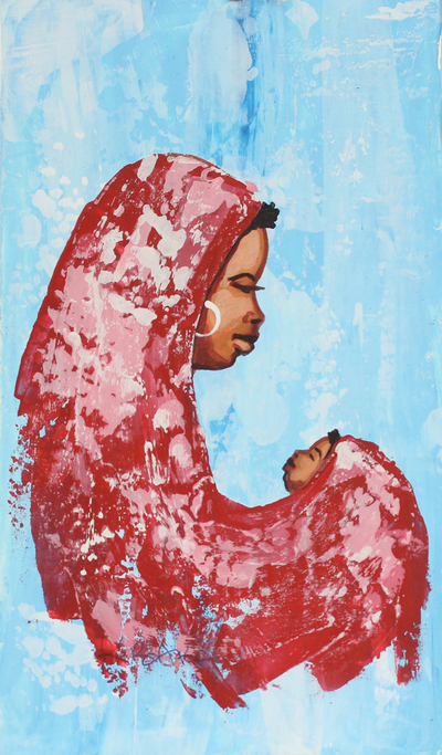 'Sweet Mamma in Red' - Süße junge ghanaische Mamma-Malerei in Rot