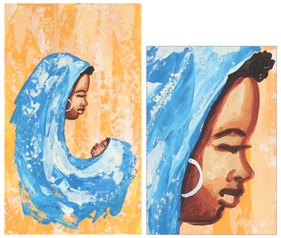 'Sweet Mamma in Blue' - Süße Mama in Blau signiertes Gemälde aus Westafrika