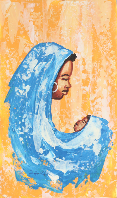 'Sweet Mamma in Blue' - Sweet Mamma in Blue Signed Painting from West Africa