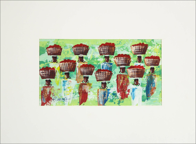 'Market Day in Green III' - African Market Day Painting