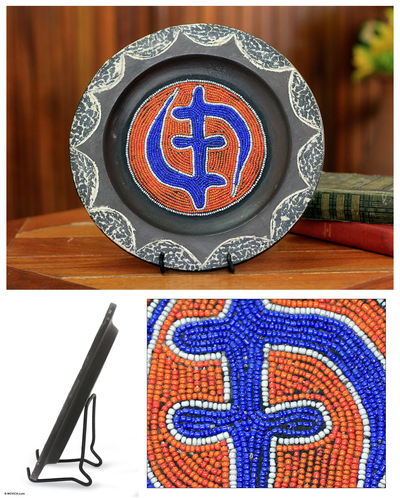 Wood decorative plate, 'God is Supreme' - African Beaded Wood Decorative Plate and Stand
