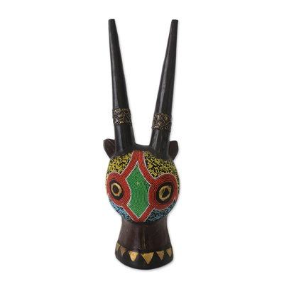 Ghanaian wood mask, 'Beaded Antelope' - African wood mask
