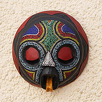 African beaded wood mask, 'Asomdwoe II' - Original African Wood Mask With Beaded Design