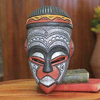 African wood mask, 'Daimuwa III' - Hand Carved African Wood Mask with Embossed Aluminum