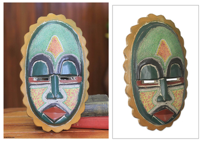African wood mask, 'Zurufi' - African Mask Hand Carved Wood Recycled Beads