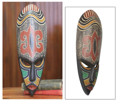 Afrikanische Holzmaske - Afrikanische Perlenmaske aus Holz mit Adinkra-Symbol der Vergebung
