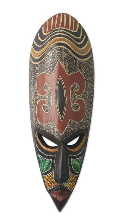 African Beaded Wood Mask with Adinkra Symbol of Forgiveness