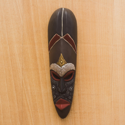African wood mask, 'Rainah' - Hand Crafted African Wood Mask with Embossed Aluminum